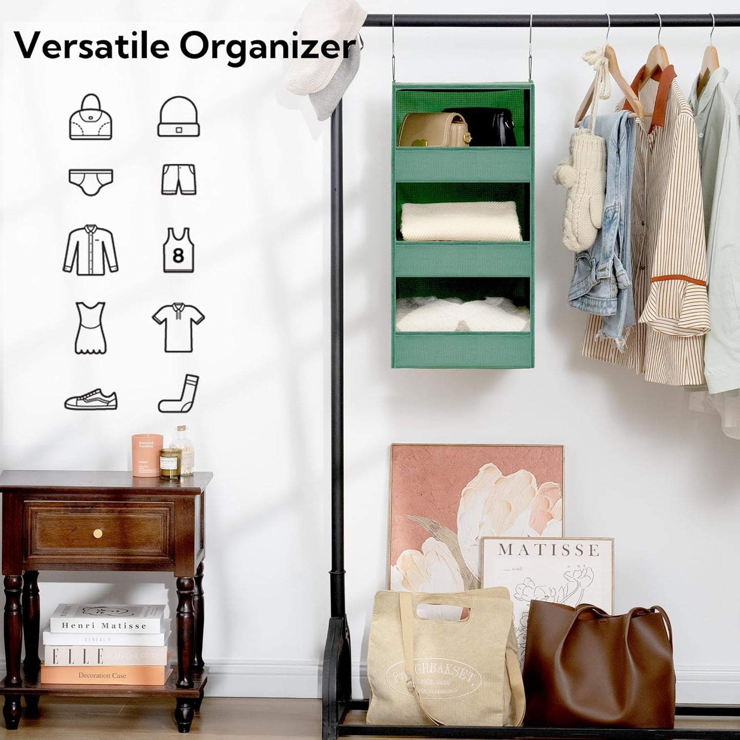 GRANNY SAYS 3-Shelf Closet Organizers and Storage, Foldable Hanging Closet Organizer, Hanging Closet Shelves with 2 Metal Hooks, Leak-Proof Closet Storage for Sweater, Clothes Organizer, Dark Green