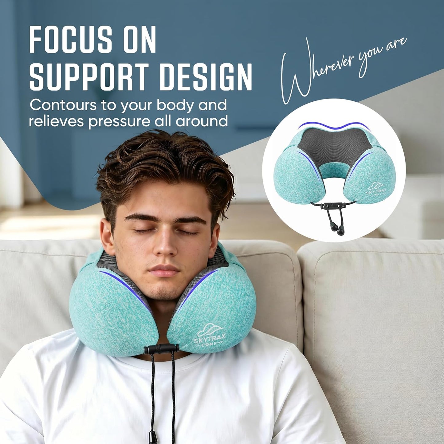 Travel Pillow with Extra Large Hood for Airplane Long Flights Privacy and Comfort Memory Foam with Skin-Friendly Cover for Road Trip Head&Neck Support for Plane Office Cars Sleeping & Rest (Mint Blue)