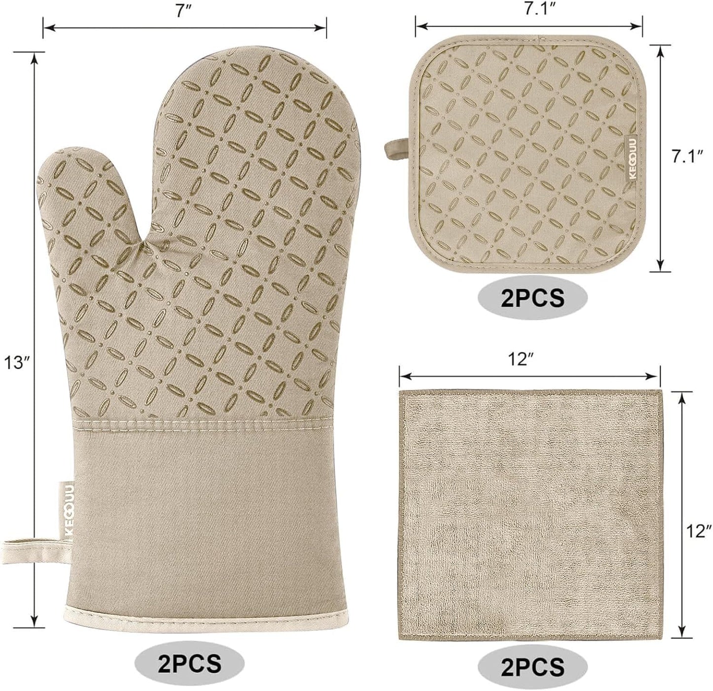 KEGOUU Oven Mitts and Pot Holders 6pcs Set, Kitchen Oven Glove High Heat Resistant 500 Degree Extra Long Oven Mitts and Potholder with Non-Slip Silicone Surface for Cooking (Almond)