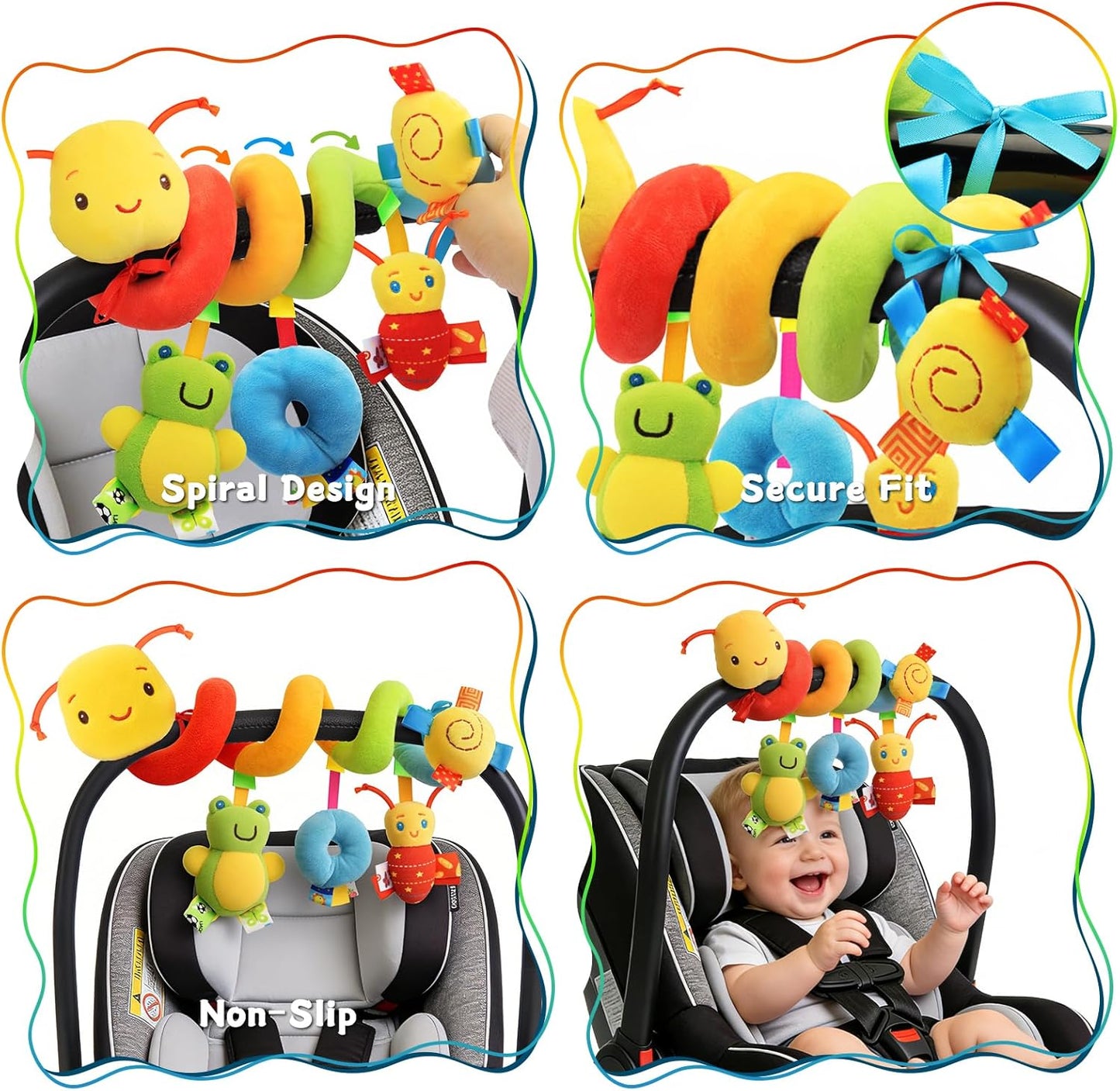 Spiral Car Seat Toys - Baby Sensory Soft Plush Hanging Toys for 0-12 Months Stroller Crib Accessories, Essentials for Expecting Moms & Baby Shower Registry Gift