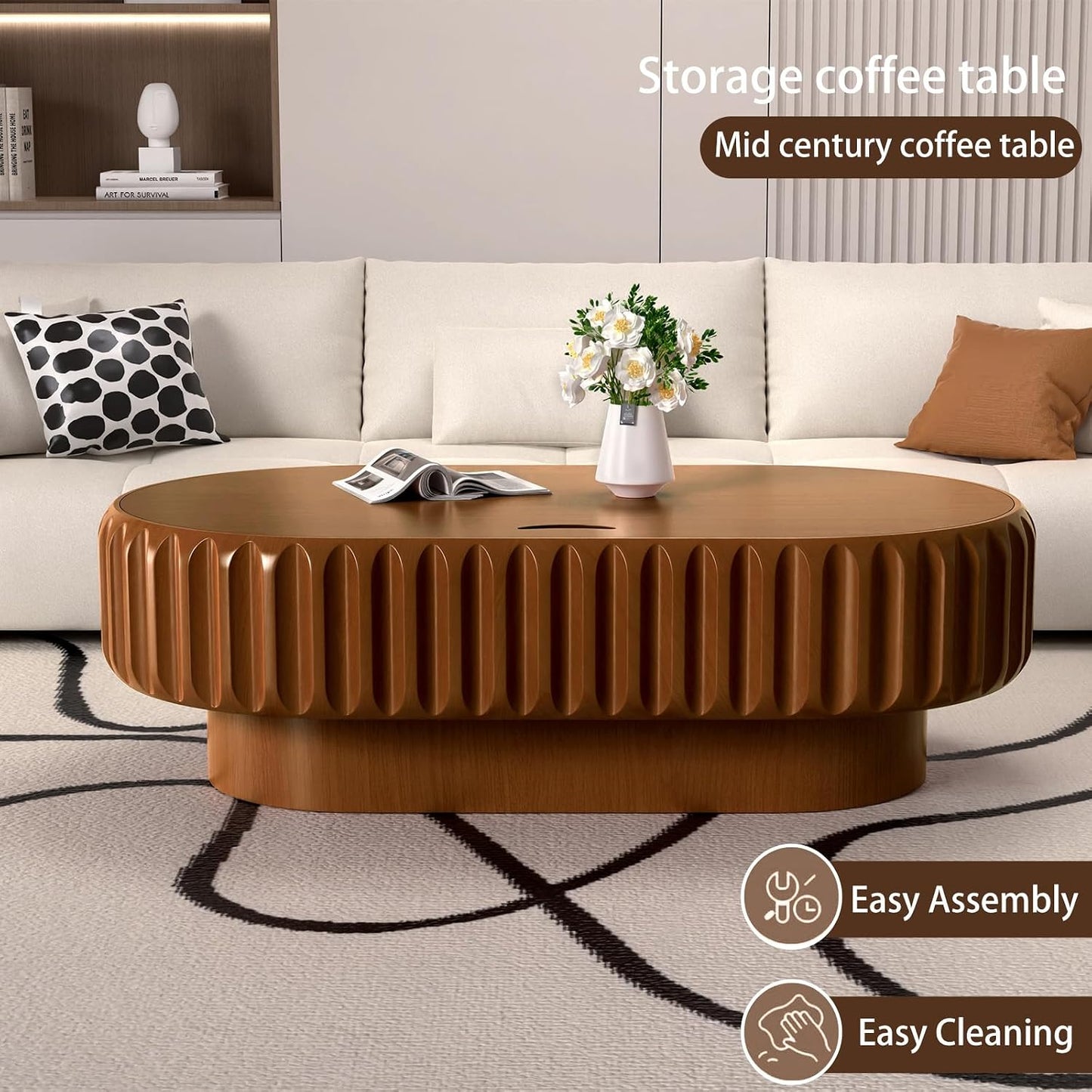 43.3" Oval Coffee Table with Storage (A Brown 43.3 in) | Fluted Coffee Table with Solid Wood Veneer, Mid Century Modern Wood Center Table, Accent Tea Table for Living Room Apartment