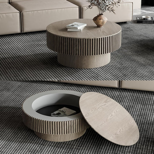 31.5" Round Coffee Table with Hidden Storage Compartment, Modern Handcraft Fluted Drum Coffee Table, Wooden Circle Center Table Cocktail Tea Table with Sturdy Pedestal for Living Room, Grey