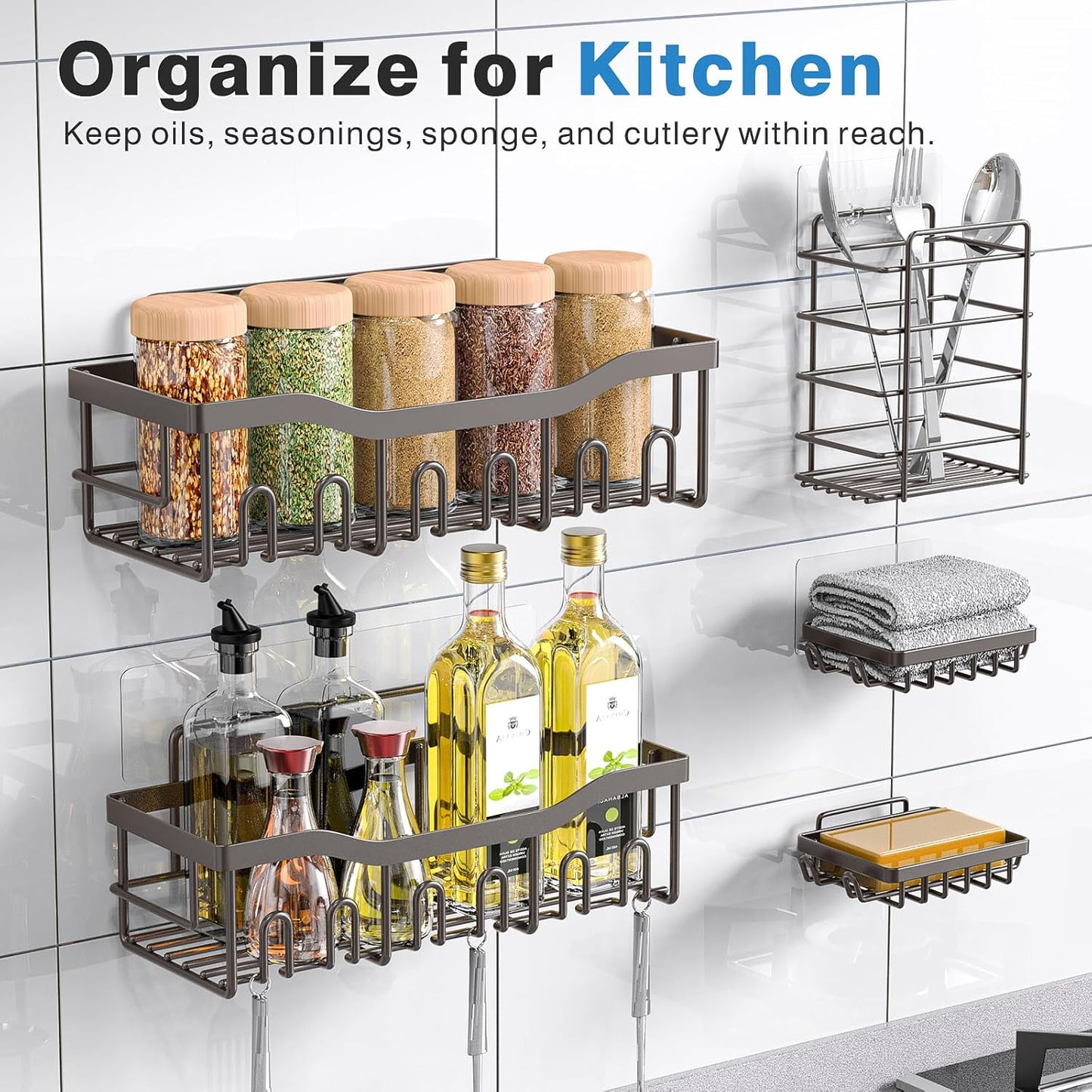 5-Pack Shower Caddy, No Drill Adhesive Shower Organizer, Rustproof Stainless Steel Bathroom Organizer, Space-Saving Bathroom Shelves for Apartment Essentials, Kitchen Storage Home Decorr-Larger