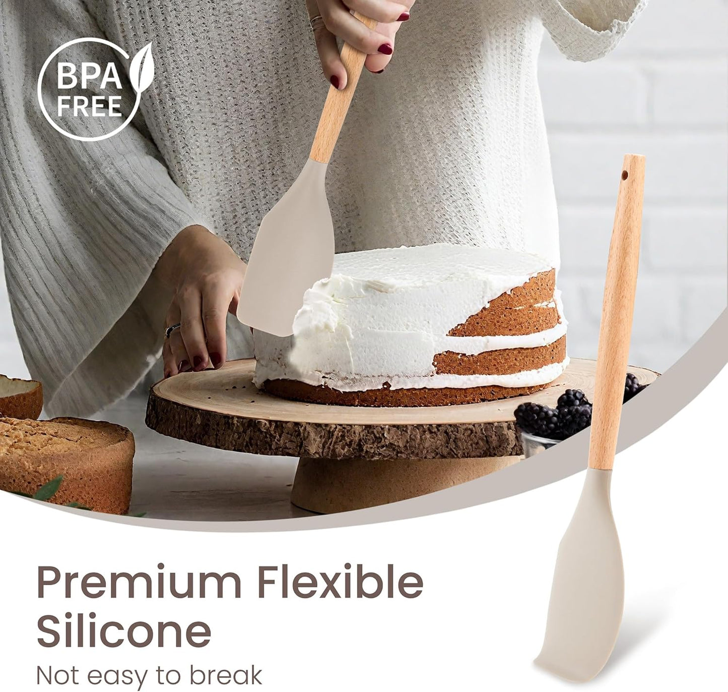 26 Pcs Silicone Cooking Utensils Set with Holder, NCUE BPA Free Kitchen Utensils Set for Cooking, 446°F Spatulas Silicone Heat Resistant Wooden Handle Spoon Tongs Non-stick Kitchen Gadgets (Khaki)