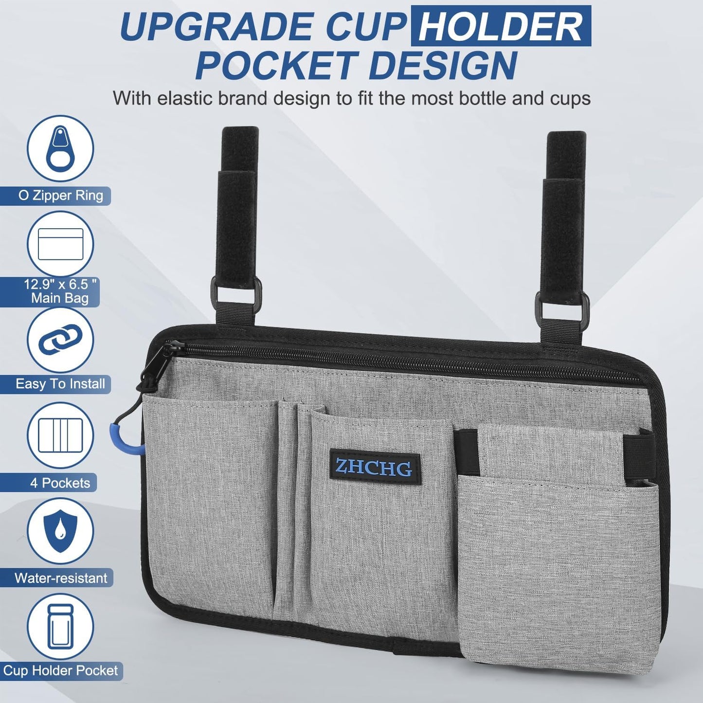 ZHCHG Wheelchair Side Bag with Cup Holder, Wheelchair Armrest Pouch Accessories for Walker, Rollator, Electric Scooter Wheelchairs, Ideal Gift for Mother's Day & Father's Day