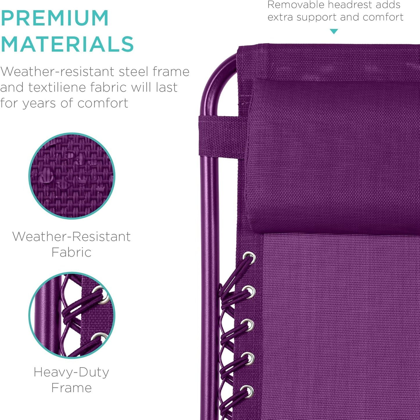 Best Choice Products Set of 2 Adjustable Steel Mesh Zero Gravity Lounge Chair Recliners w/Pillows and Cup Holder Trays - Amethyst