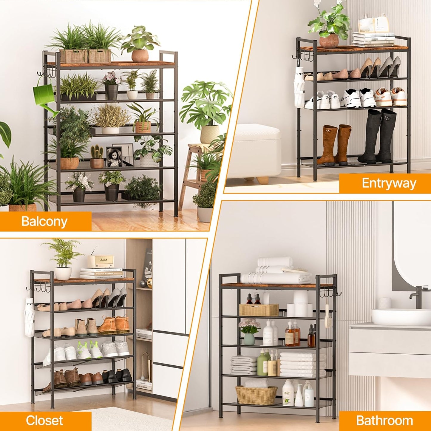 4 Tier Shoe Rack, Shoe Rack for Entryway with Hook, Shoe Organizer with Adjustable Mesh Shelves, Metal Shoe Storage, Closet, Bedroom Living Room Garage