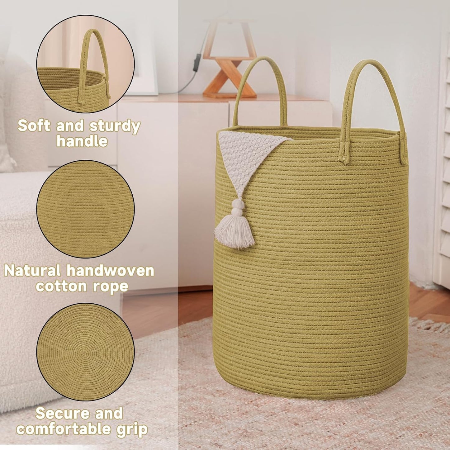JMvicyroam Large Woven Laundry Basket Hamper,60L Cotton Rope Storage Bin for Blankets,Toys and Clothes,Decorative Tall Nursery Hamper for Living Room,Baby Nursery,Bathroom and Bedroom,Jute