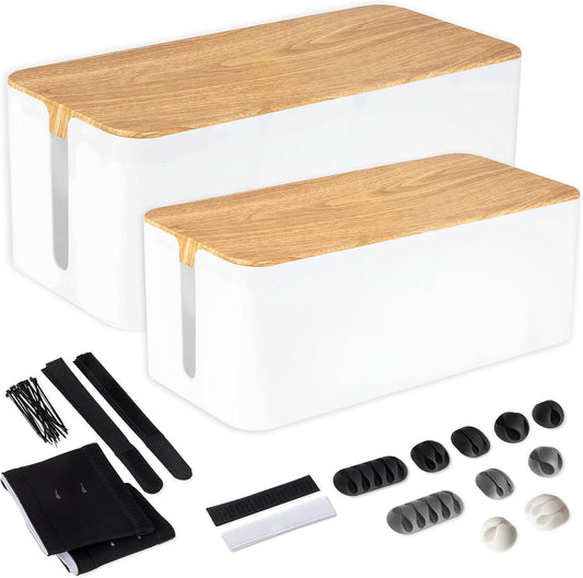 Iron Forge Cable Cable Management Box, 2 Pack - White with Wood Top | Cord Organizer & Cable Hider, For Wires, Power Strips & Surge Protectors, Includes Cable Sleeve, Hook & Loop Keepers