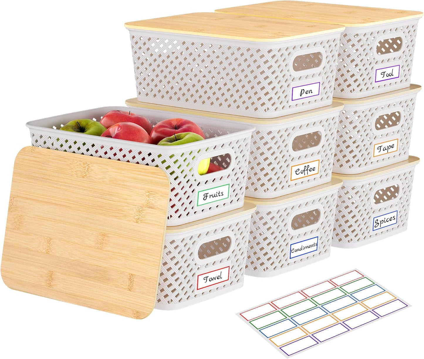 Anysig 8 Pack Plastic Storage Bins with Bamboo Lids, 5.2 QT Stackable Bins