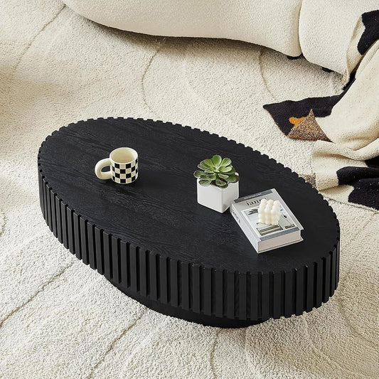 43.3'' Oval Coffee Table for Living Room (Oval Black) | Modern Handcraft Drum Coffee Table Unique Fluted Coffee Tables Wood Center Table End Table for Farmhouse Apartment Office
