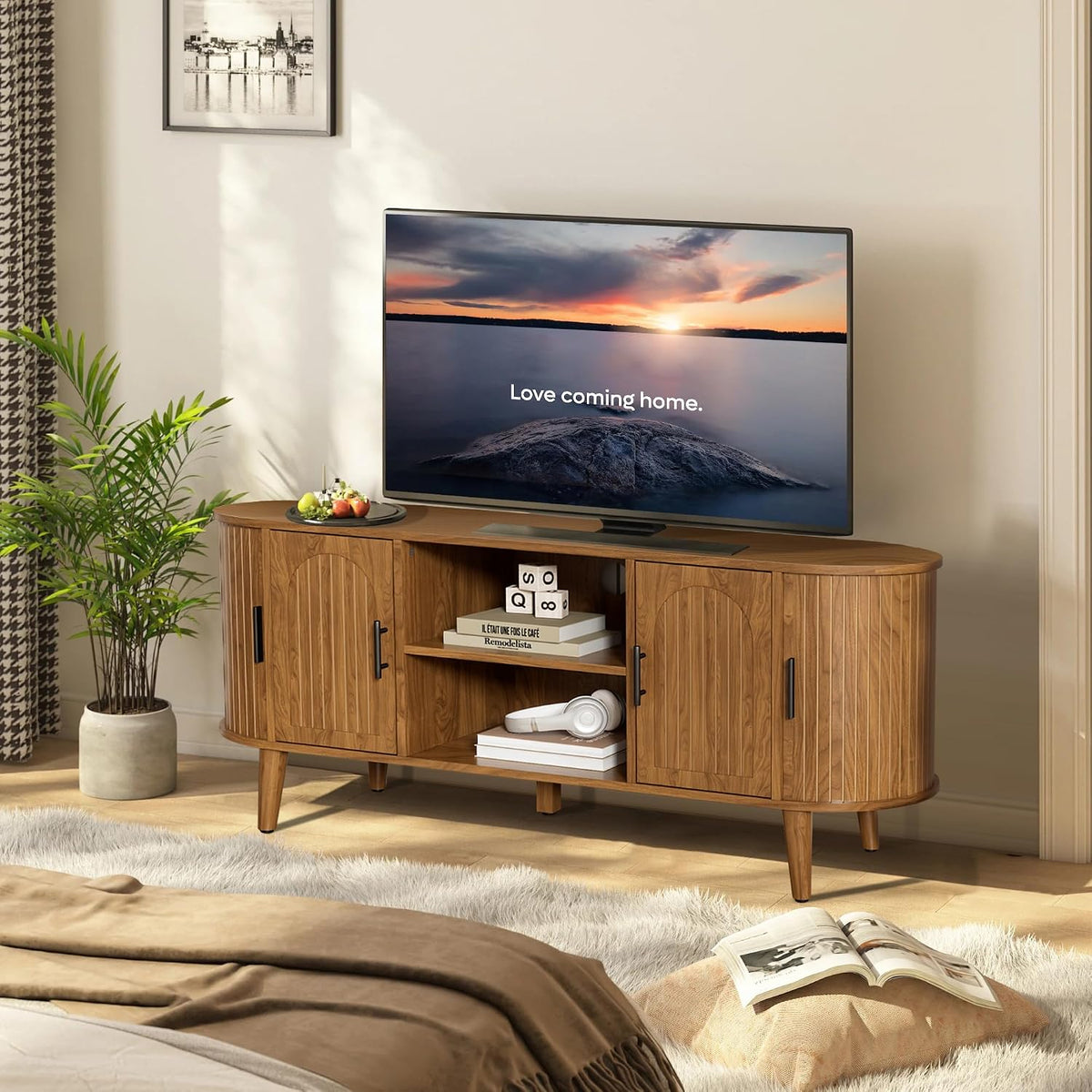 51"Fluted TV Stand for Tvs up to 60" Entertainment Center with Open Storage