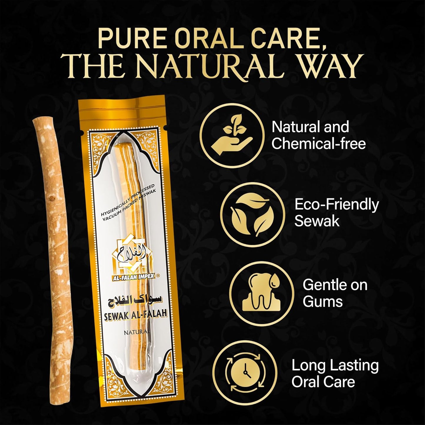 SEWAK AL-FALAH Miswak (Traditional Natural Toothbrush) - 10 Pack - Individually Vacuum Sealed for Long-Lasting Freshness – Traditional Oral Care for Deep Cleaning, Whitening, and Plaque Defense