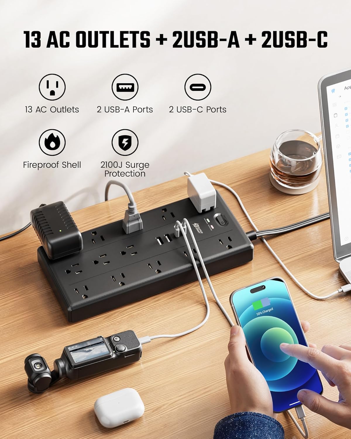 10Ft Extension Cord with Multiple Outlets, Flat Plug Power Strip with 2100J Surge Protector, 13 Outlets, 2 USB A, 2 USB C, Desk USB Charging Station, Home Office, College Dorm Room Essentials, Black