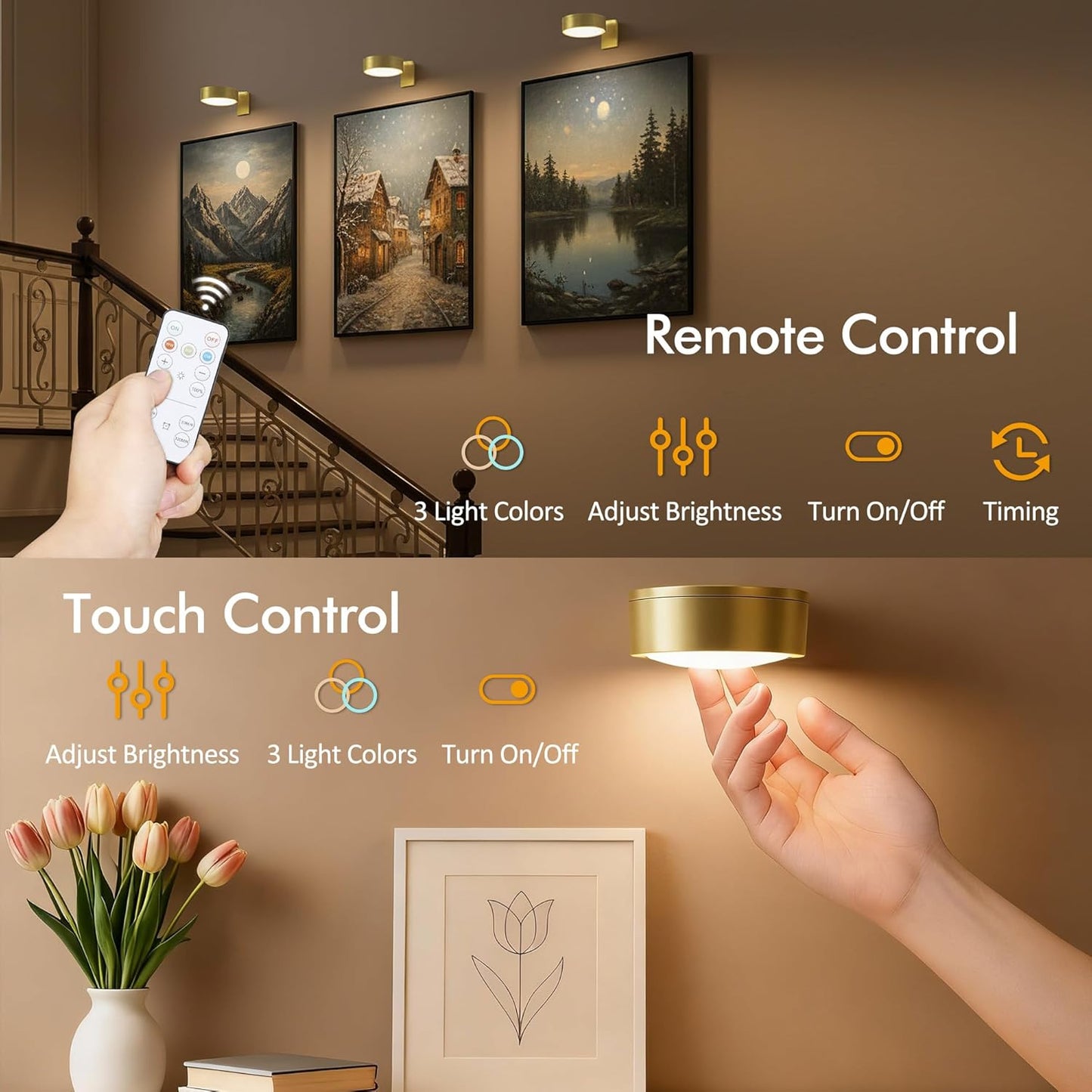 3-Pack Picture Lights for Wall, Rechargeable Battery Operated Led Painting Light with Remote Dimmable ＆ Timer, 3 Lighting Modes Magnetic Art Display Light, Wall Decorative Lighting for Picture,Frame