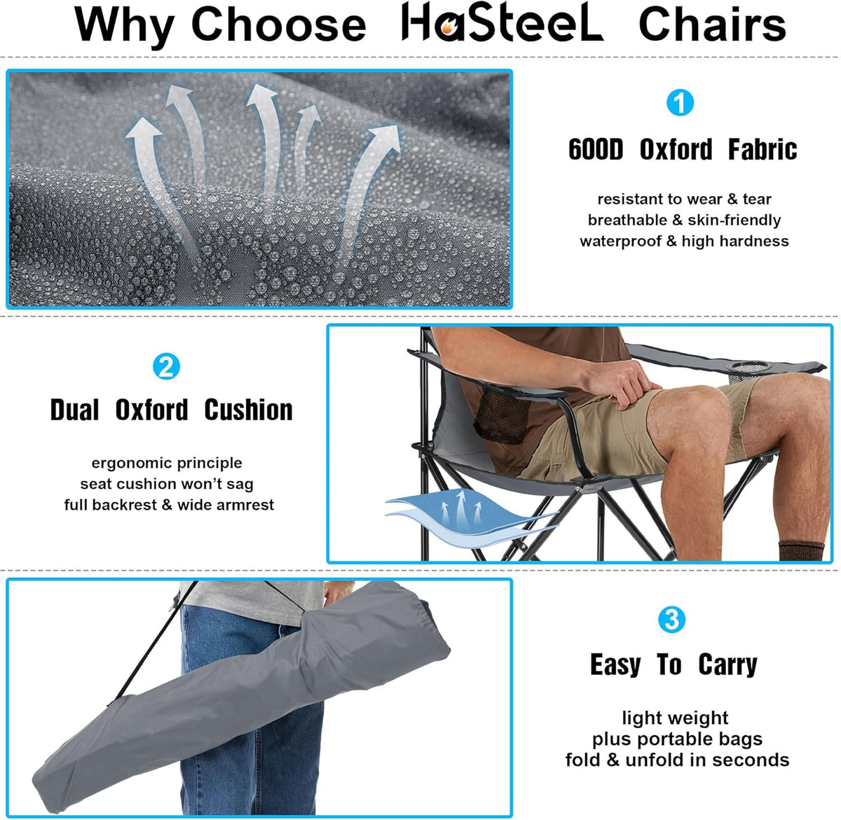 HaSteeL Camping Chair for Adults, Folding Beach Chair Set of 2, Large Foldable Portable Chair for Outdoors Fishing, Hiking, Sporting, Travel, Picnic, Lawn, Hold 275lbs & A Storage Bags (Grey)