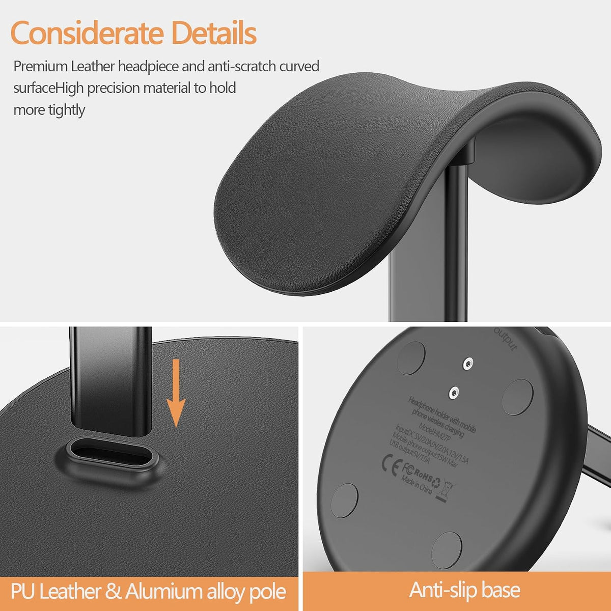 Hiwe Headphone Stand with Wireless Charger, Headset Holder for Desktop