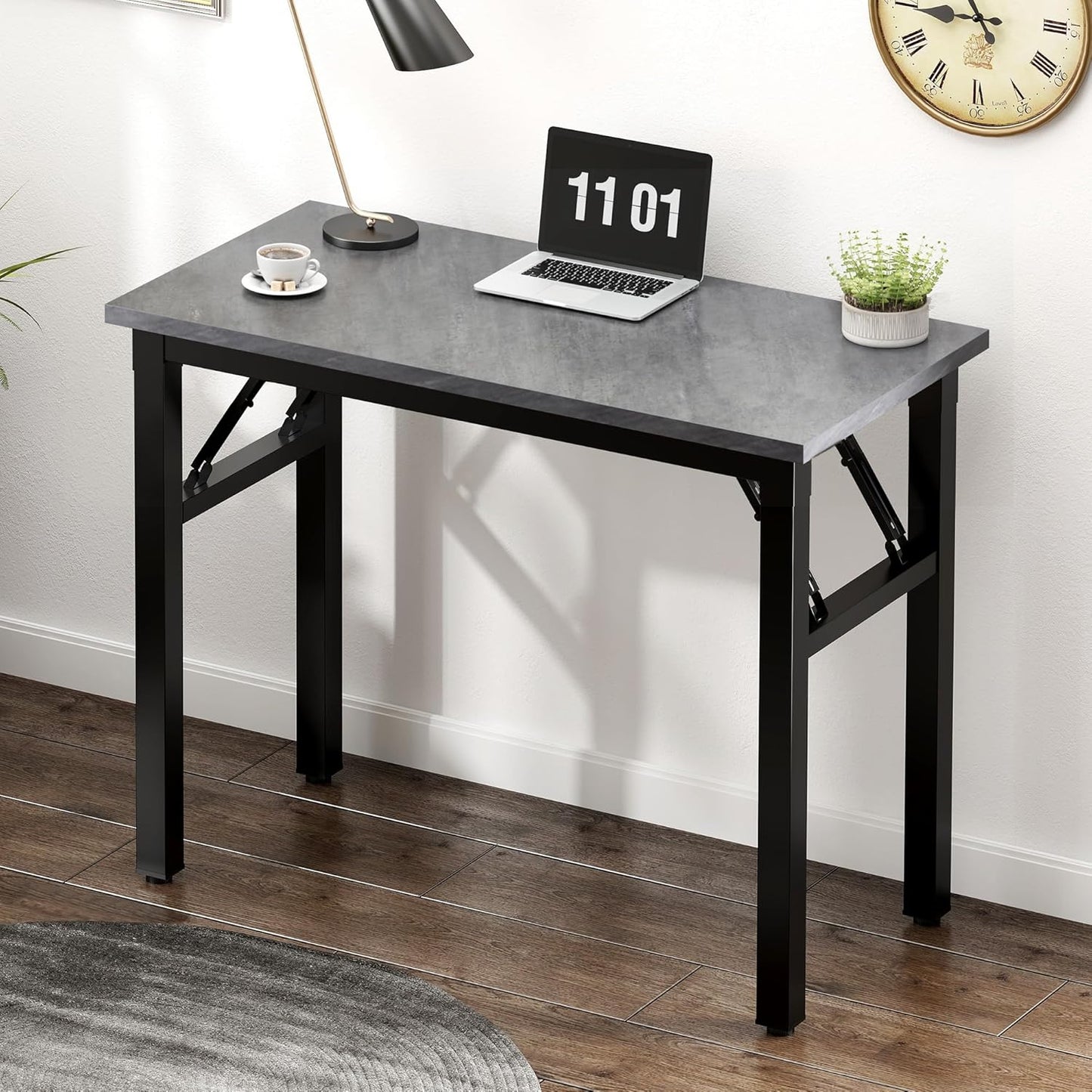 Need 31.5 Inch Folding Desk for Small Spaces, Home Office Computer Desk with Grey Wood Top & Black Frame, Foldable Writing Table for Study, Bedroom, Dorm Room & Student