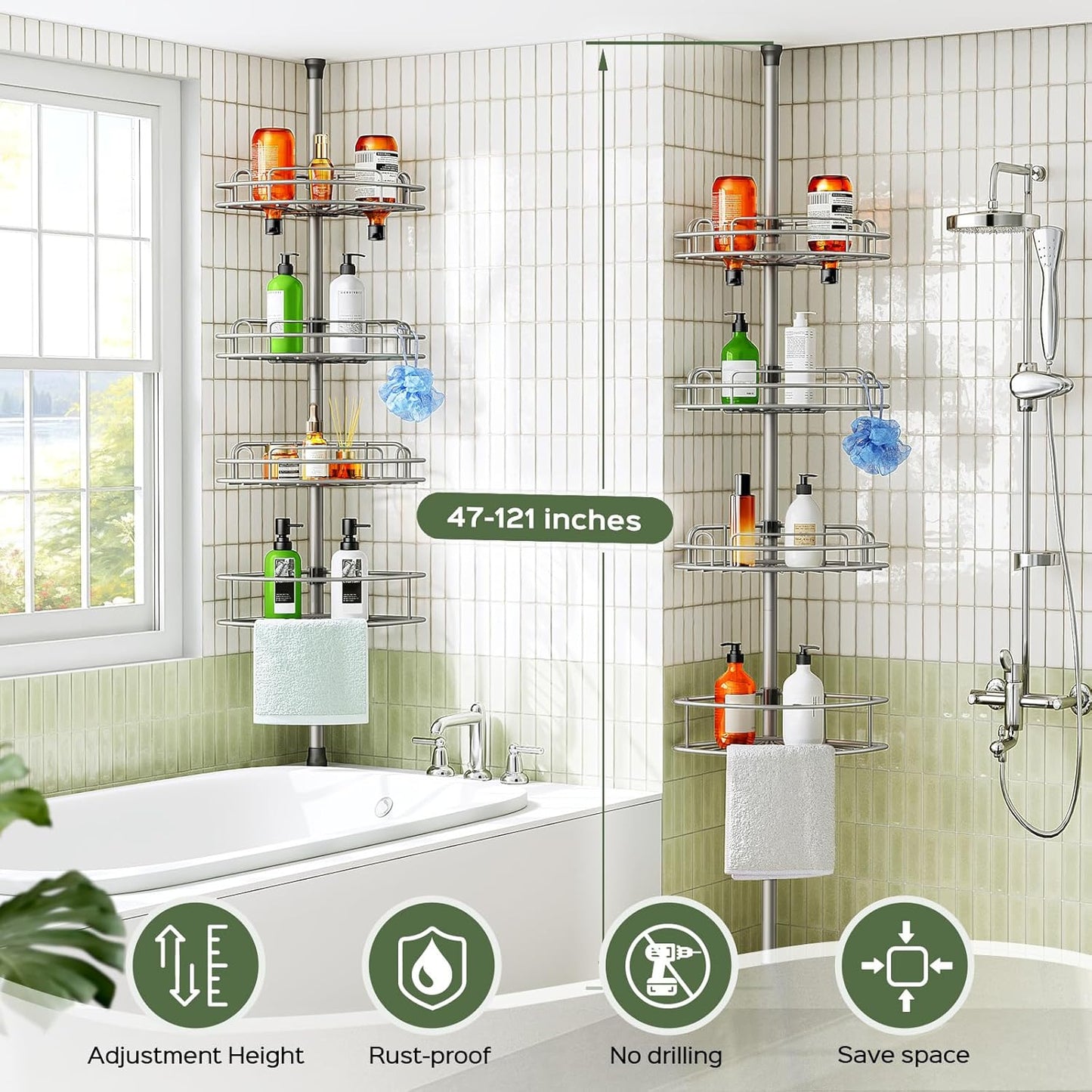 HAMITOR Corner Shower Caddy Tension Pole: 4-Tier Rust-Resistant Adjustable Bathroom Organizer Shelves - 47-121 Inch No-Drill Quick Installation - Space-Saving Storage for Renters Family - Silver Gray