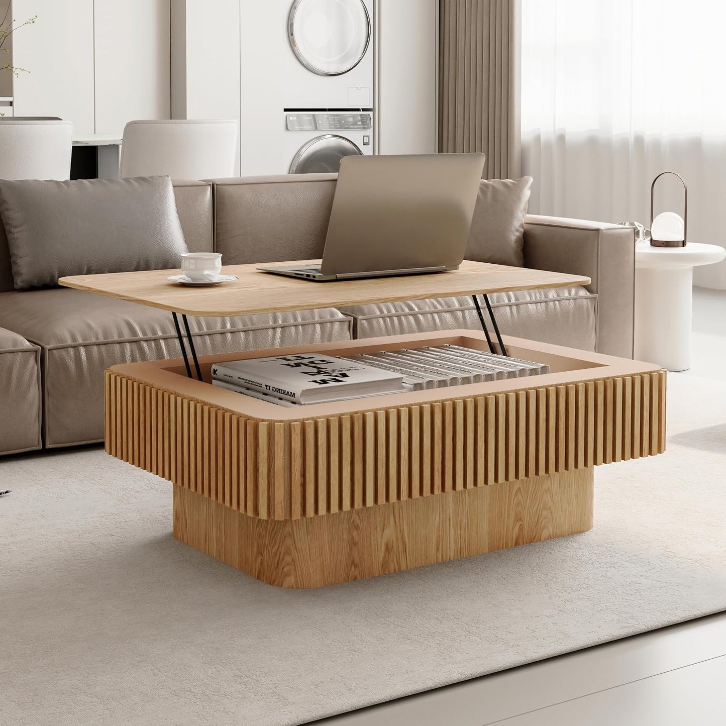 38.6'' Lift Top Coffee Table with Hidden Compartment, Modern Rectangular Fluted Wooden Center Table Cocktail Tea Table with Storage and Adjustable Height for Living Room Apartment,Natural