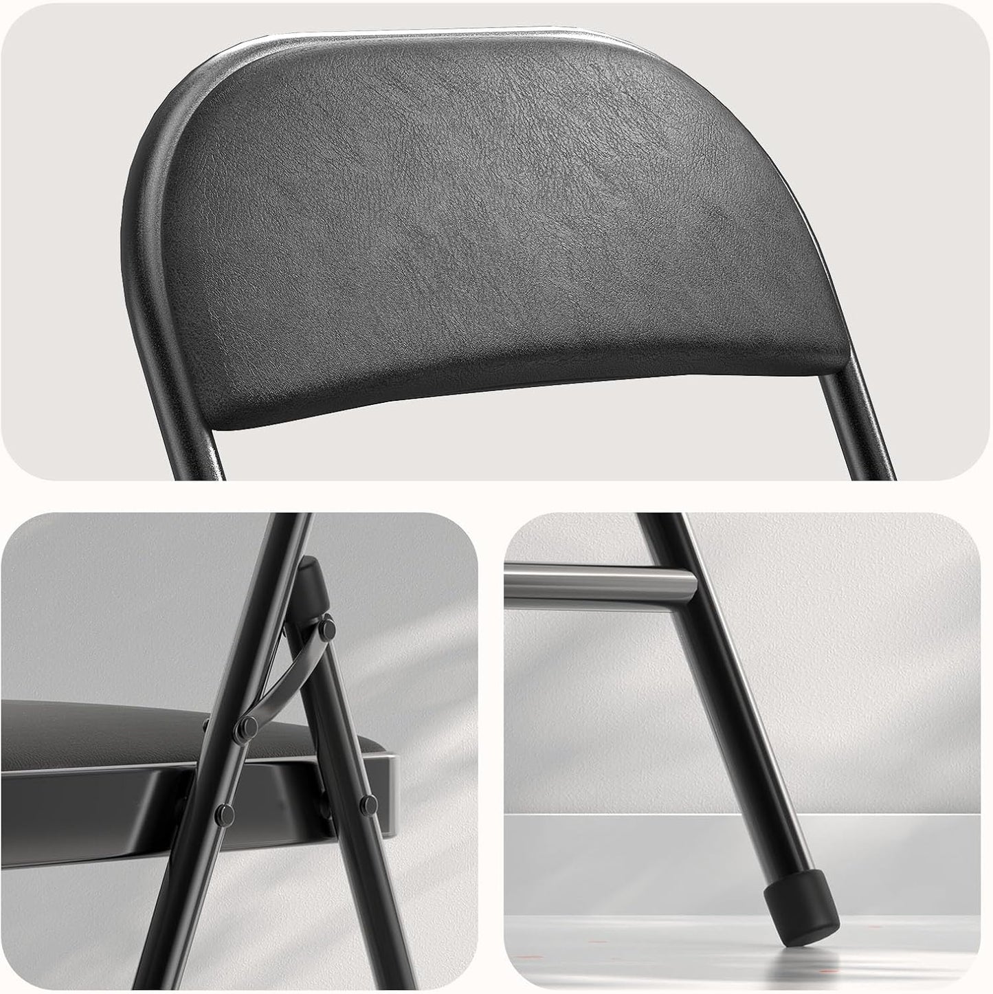 Nazhura 4 Pack Folding Chairs with Padded Vinyl Cushion Chairs with Comfortable Cushion and Durable Steel Frame for Home and Office, for Indoor and Outdoor Events (Black, Vinyl)