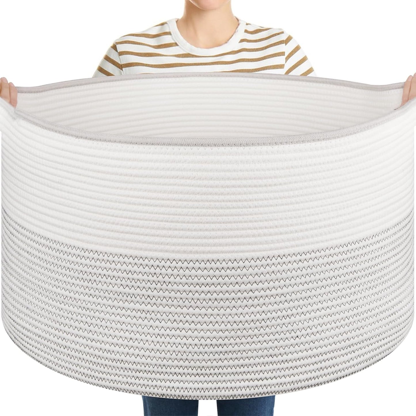OIASKET Large Blanket Basket with Handles, 22.8" x 22.8" x 13" Woven Storage Basket for Living Room, Cotton Rope Baby Toy Storage for Clothes, Pillows, Towels-Black and White