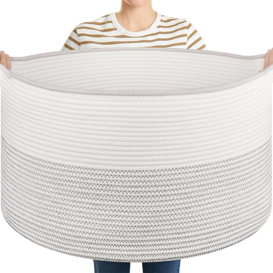 OIASKET Large Blanket Basket with Handles, 22.8" x 22.8" x 13" Woven Storage Basket for Living Room, Cotton Rope Baby Toy Storage for Clothes, Pillows, Towels-Black and White