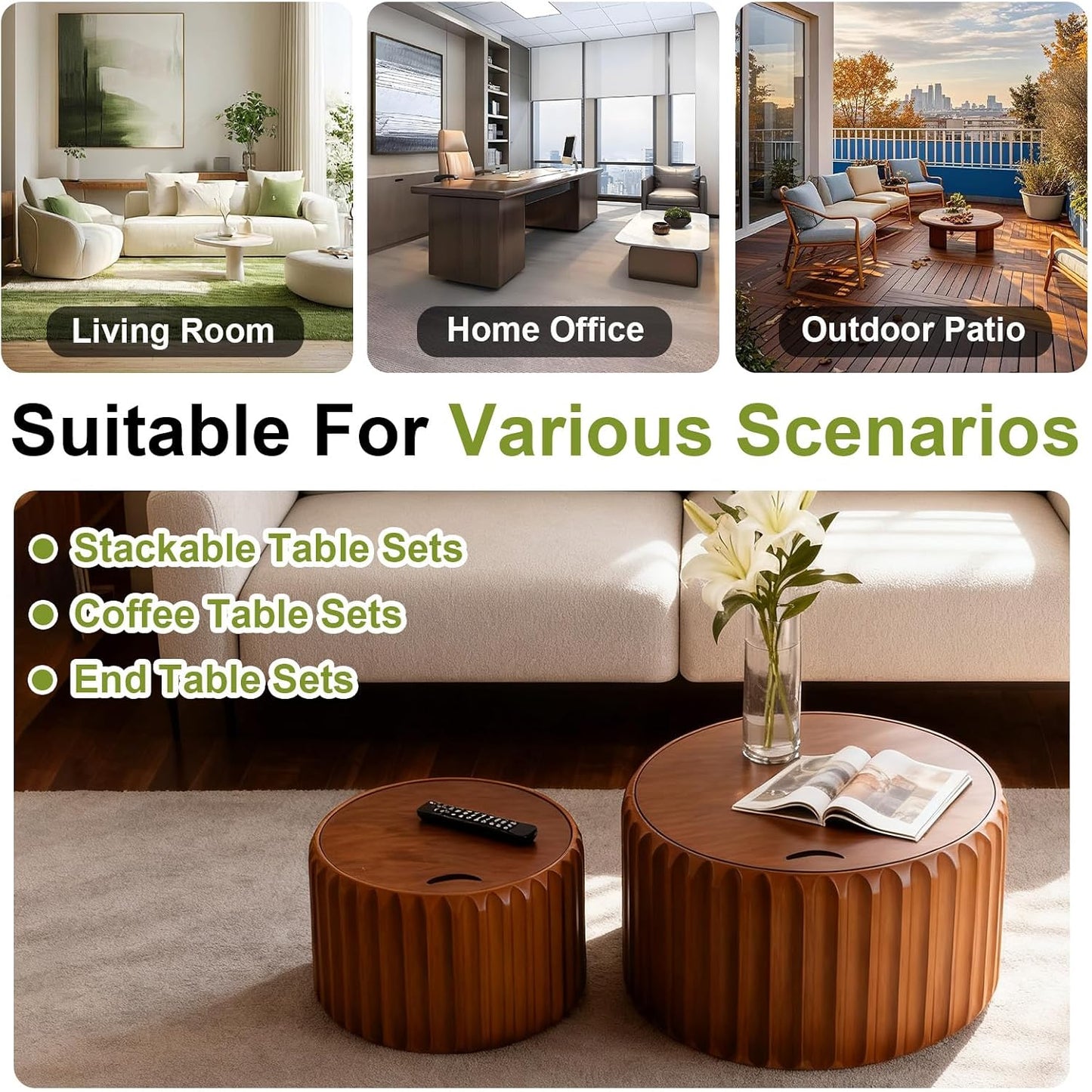 26 inch Round Nesting Coffee Table Set of 2 with Storage, A | For Living Room, Wood Veneer Top, Wood Fluted Texture, Flip-Top Lid, Non-Slip Pads, Nested End Side Table, For Small Space