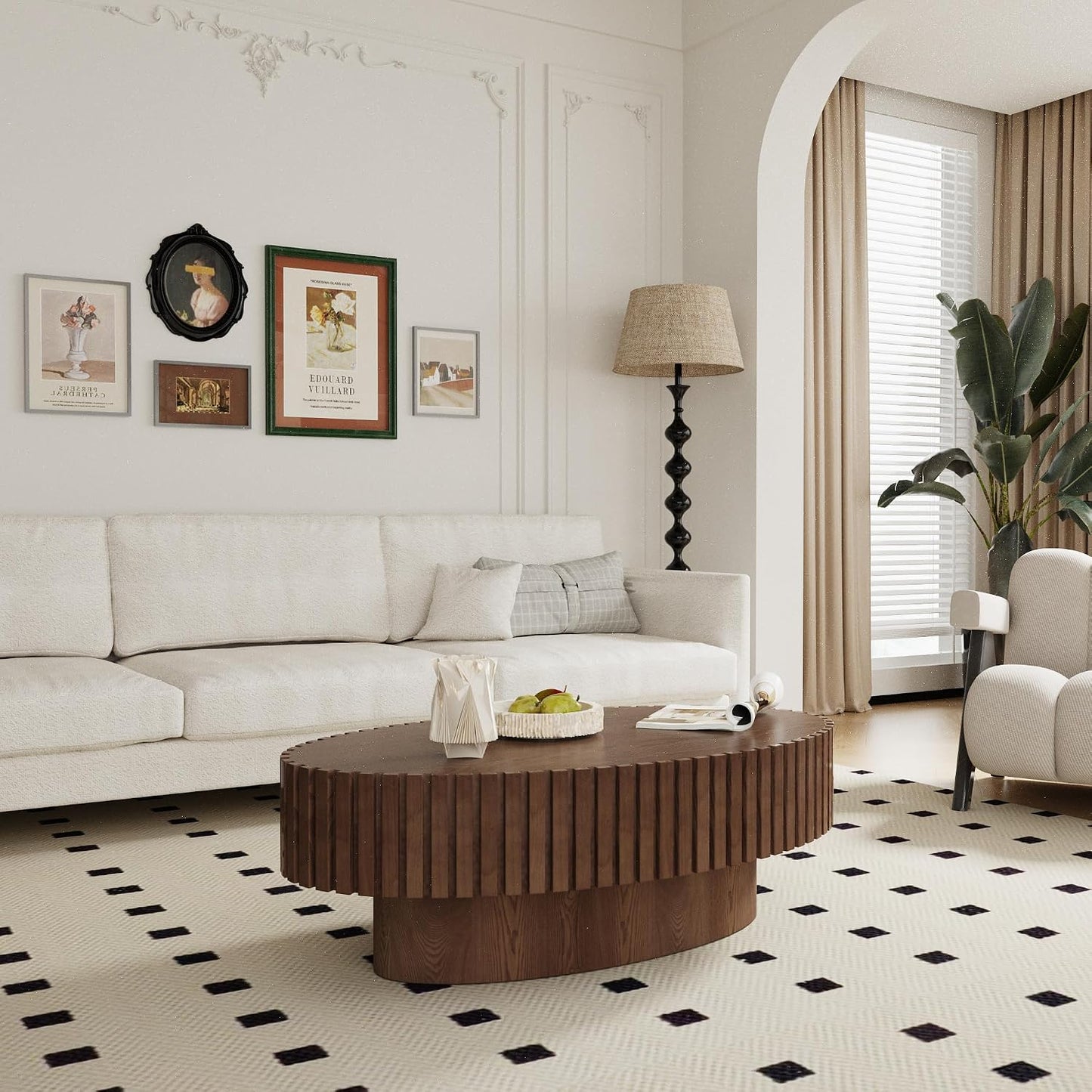 Oval Fluted Coffee Table (Oval Brown 43.3in) | Drum Coffee Tables for Living Room | Modern Pedestal Center Table