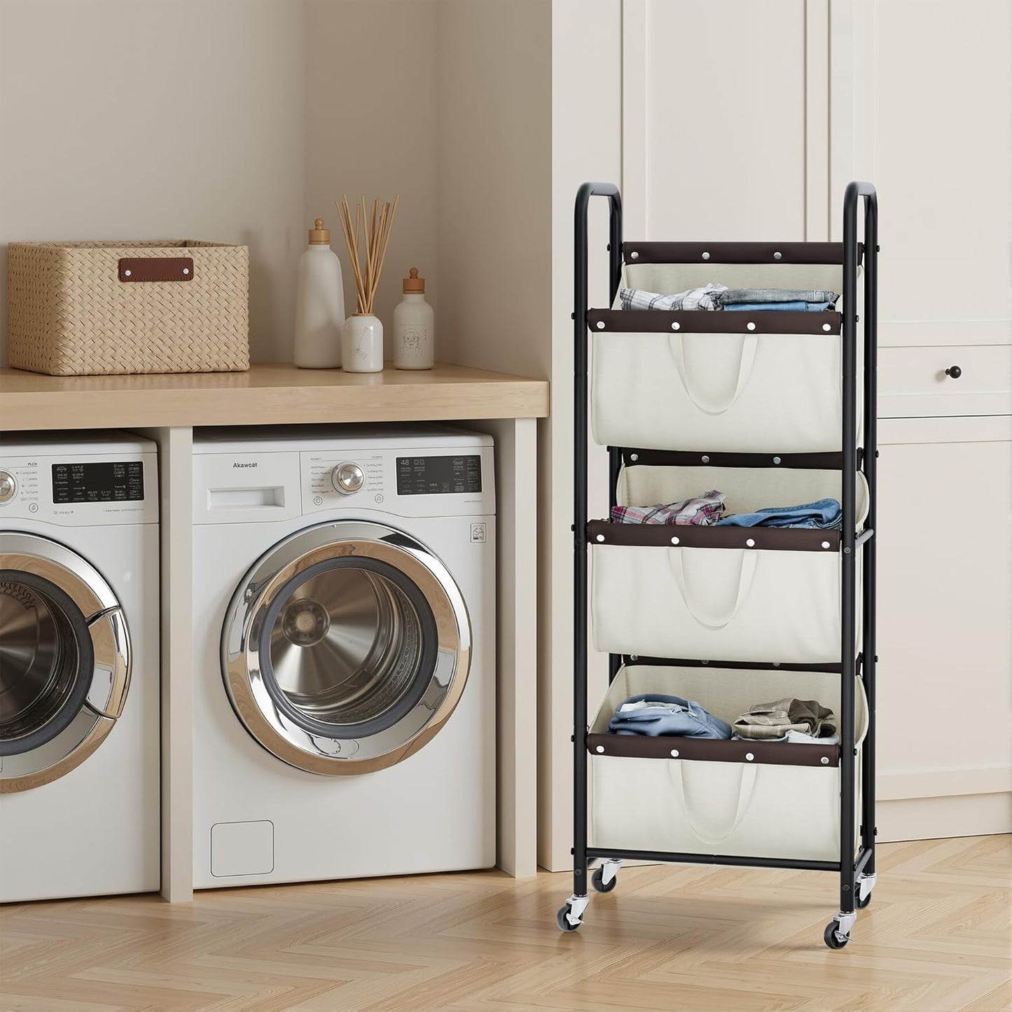 GRANNY SAYS 3 Section Tiered Laundry Sorter, Slim Vertical Laundry Hamper with Wheels, Narrow Rolling Laundry Cart with Removable Bags for Laundry Room, Bathroom, Closet, Dorm, Beige