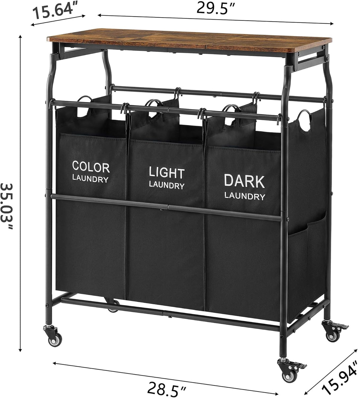 Hoctieon 3 Section Laundry Sorter Cart with Ironing Board, Laundry Hamper with Shelf and Rolling Wheels, Heavy Duty Laundry Basket Organizer, Large Clothes Separator Hamper with Removable Bags, Black