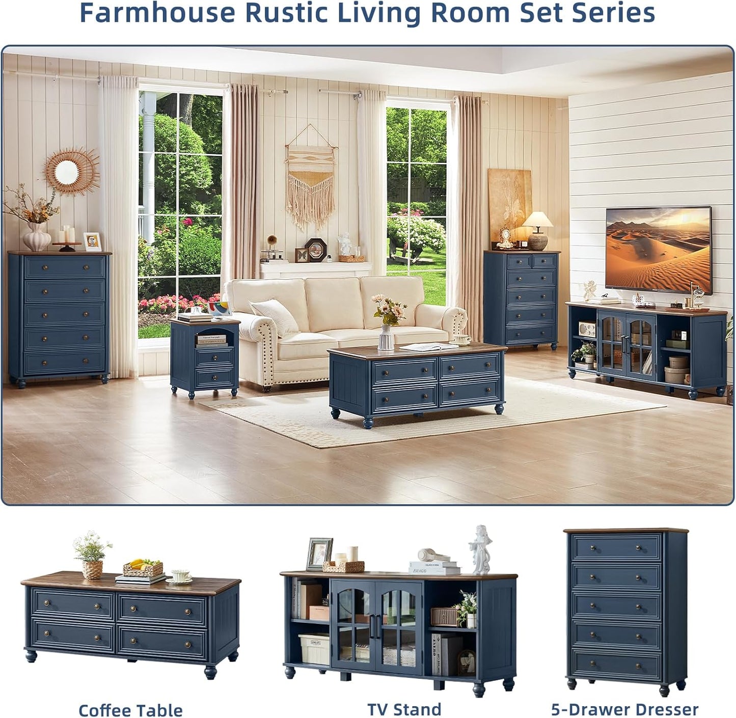RWYHG 48" Farmhouse Blue Coffee Table, Center Table with 4 Drawers | High Capacity Hidden Storage, Smooth Roman Column Handles & Drawers, Solid Wood Sturdy Curved Legs, for Living Room,Office
