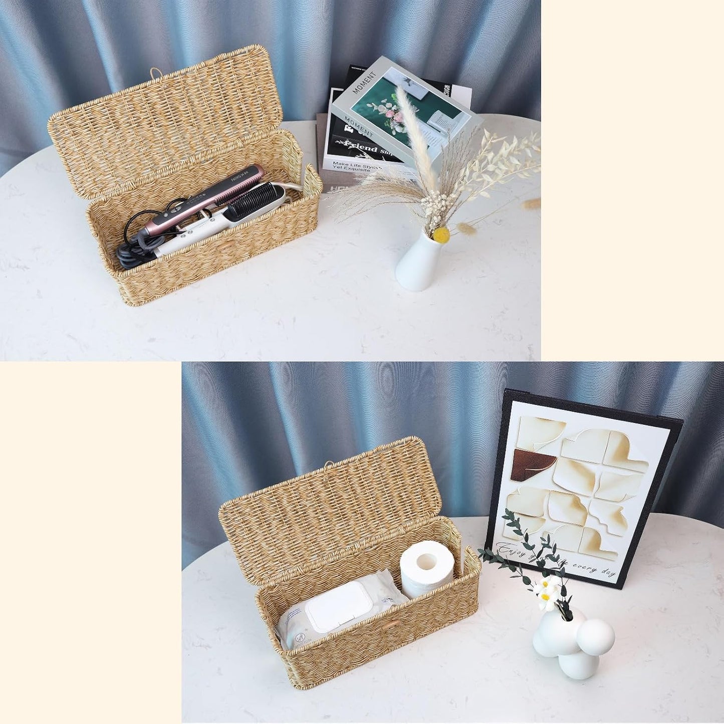 Cable Management Box, Cord Organizer with Lid & Cable Ties - Natural,L | Handmade Open Slots Cord Hider Outlet Covers for Power Strip TV PC Router Charger Under Desk Storage