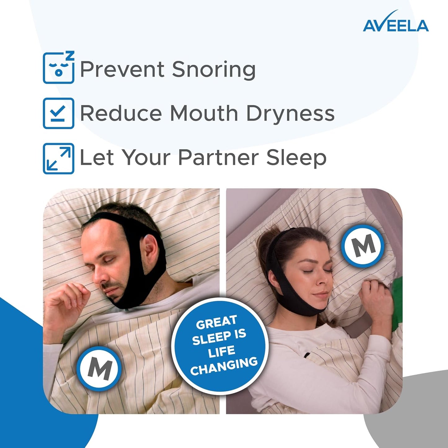 AVEELA Chin Strap for Sleeping and CPAP Users | Anti Snoring Chin Strap, Adjustable Jaw Strap for Sleep Apnea, Stop Snoring Solution for Men and Women, Comfortable Fit to Keep Mouth Closed – Medium