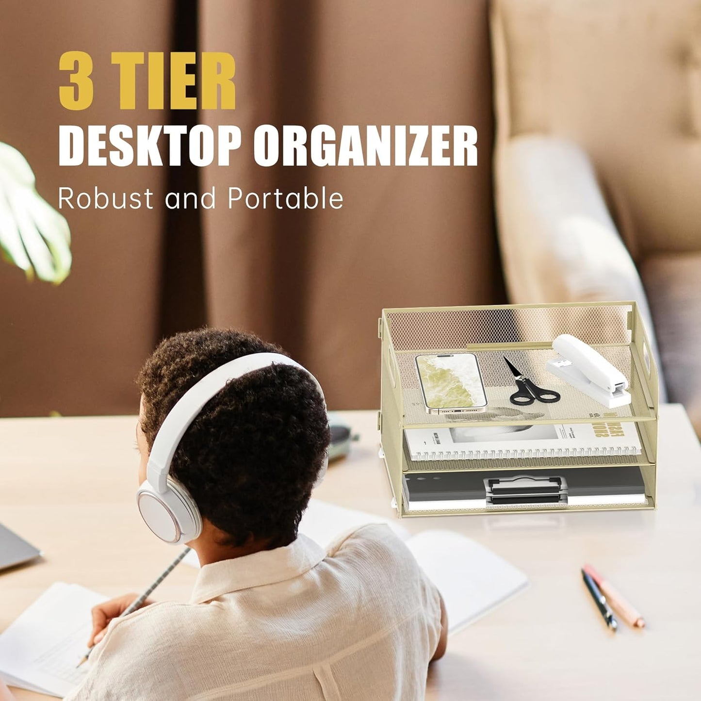 DALTACK 3 Tier Paper Organizer with Handle, Mesh Metal Desk Organizer with Sliding Paper Trays for Letter/A4 Paper, Mail, Bills & Folders, Yellow