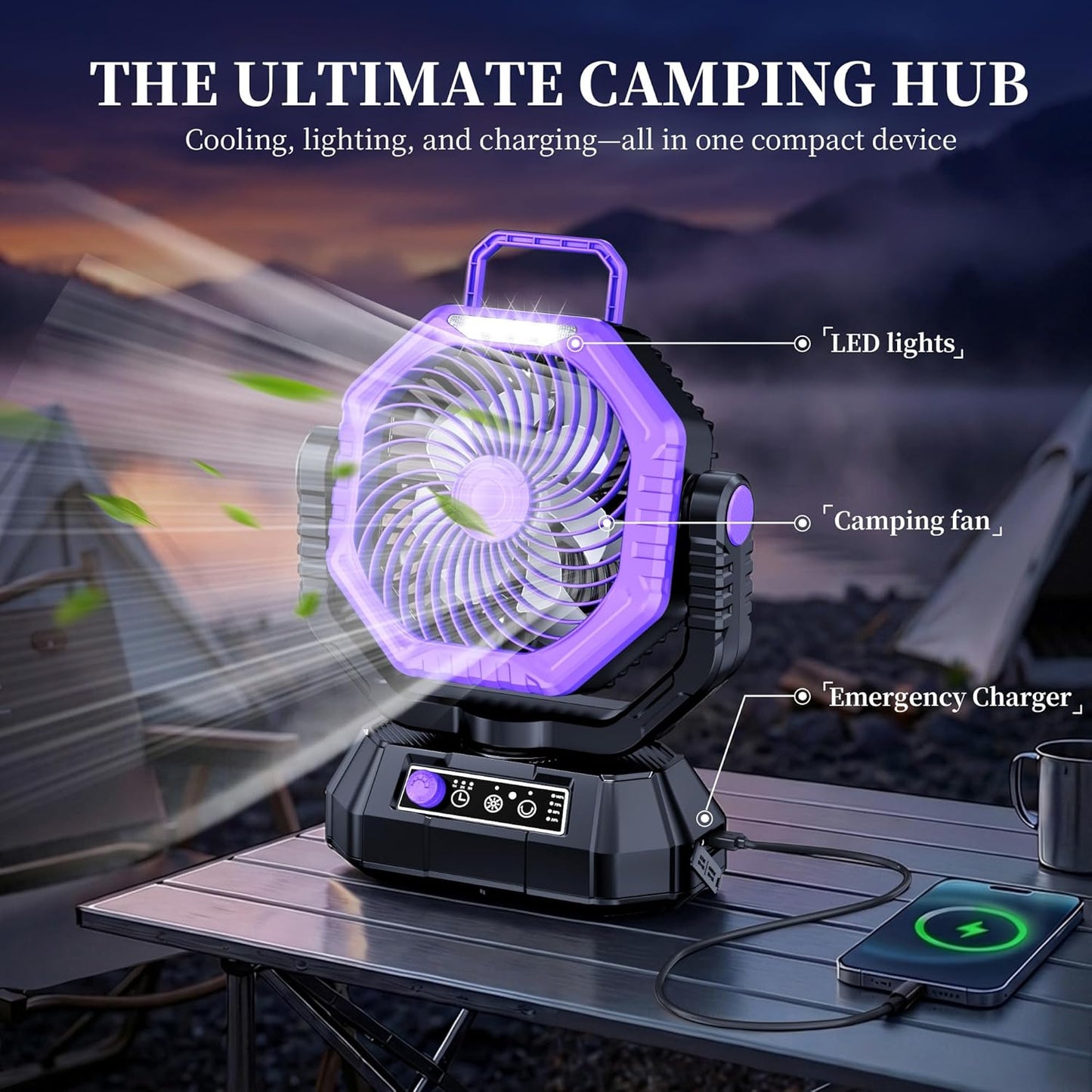 AJVV Camping Fan with Light, Remote and Oscillation, Battery Powered Hanging Tent Fan, Rechargeable Portable for Camp, Outdoor, Emergencies, Fishing, RV Travel, Jobsite