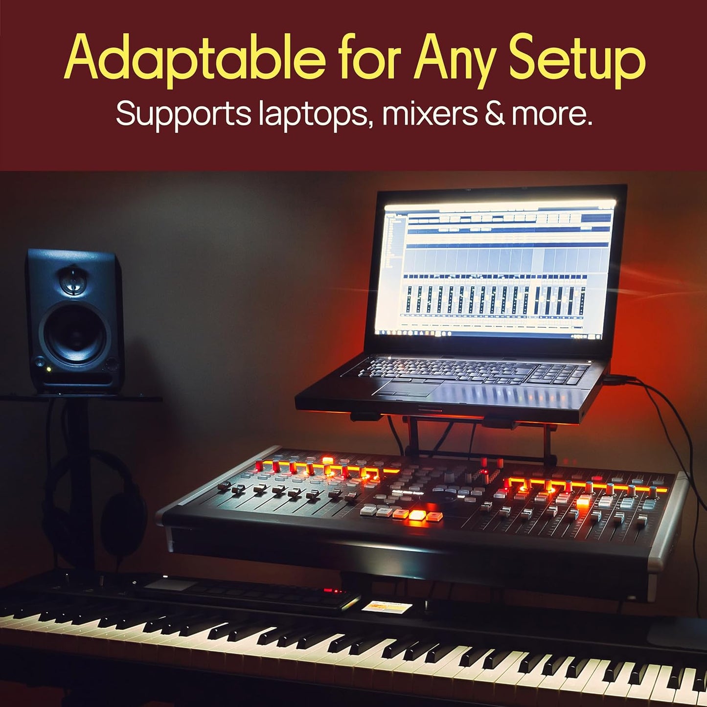 Pyle Portable Dual Laptop Stand - Standing Table with Adjustable Height, Ergonomic Design & Anti-Slip Prongs for DJ Mixer, Sound Equipment, Workstation, Gaming & Home Use - PLPTS38, Black