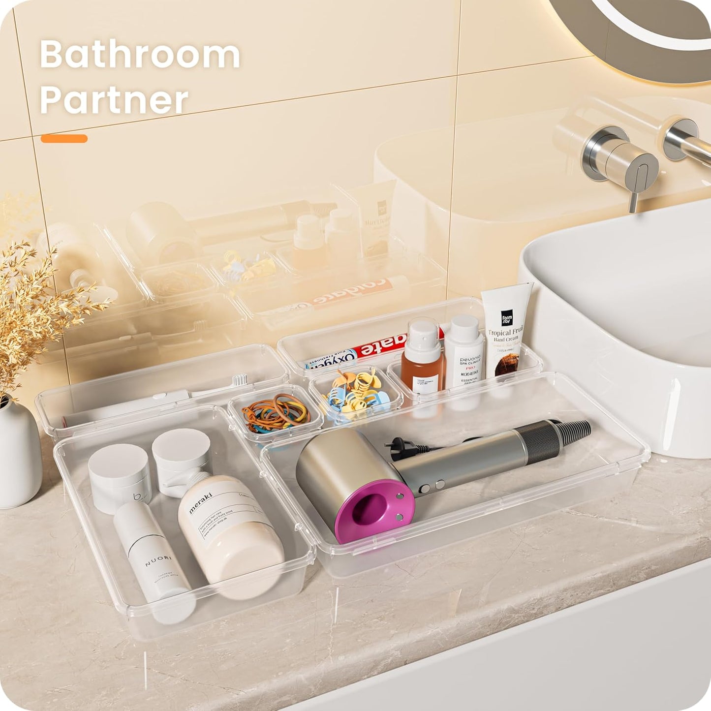 A-LuGei 【46PCS & 5Sizes Clear Drawer Organizer,【Hold 277 Items】 Makeup Organizer, Bathroom Organizers and Storage, Organization and Storage, Organizer Bins for Office Vanity Kitchen Tool Trays