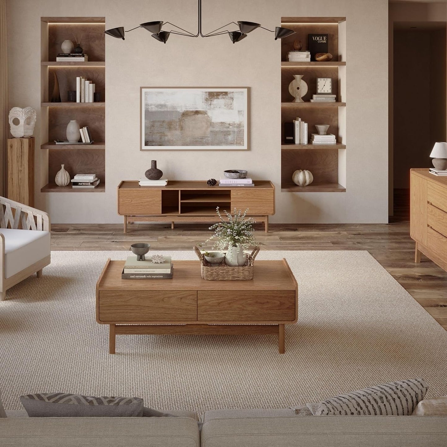 LuxenHome 47" Coffee Table with Storage, Oak Center Table for Living Room | Summer Oak Mid-Century Design, Round Edge Space-Saving Rectangular Top, Tapered Legs, Versatile Home Office Use