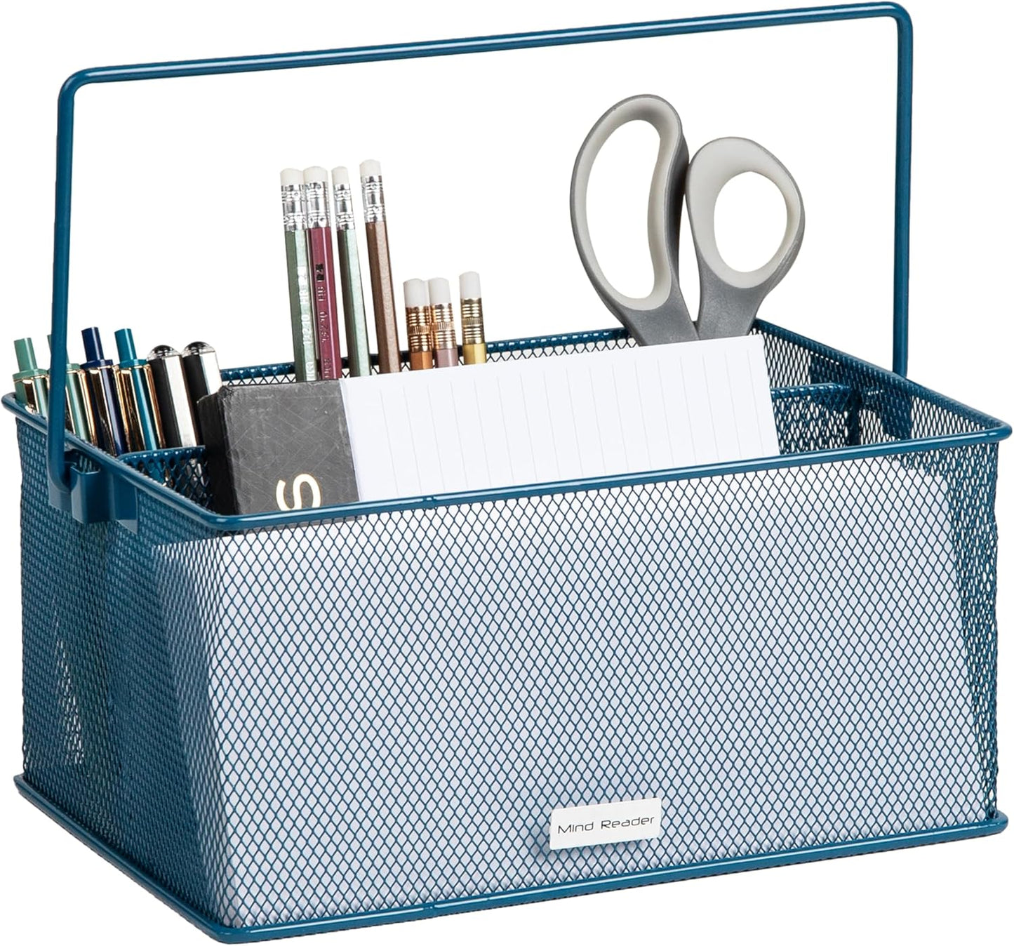 Mind Reader Multi-purpose Storage Caddy with Handle, Desktop Organizer, Cutlery Holder, 4 Compartments, Metal Mesh, Turquoise