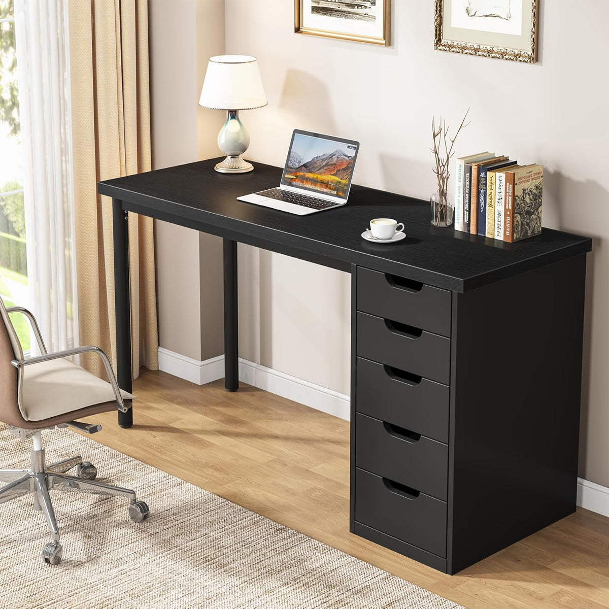 Tribesigns Computer Desk with 5 Drawers, 47 inches Rustic Brown Home Office Desk with Storage, Modern Simple Laptop Desk Study Writing Table for Small Spaces (1, Black)