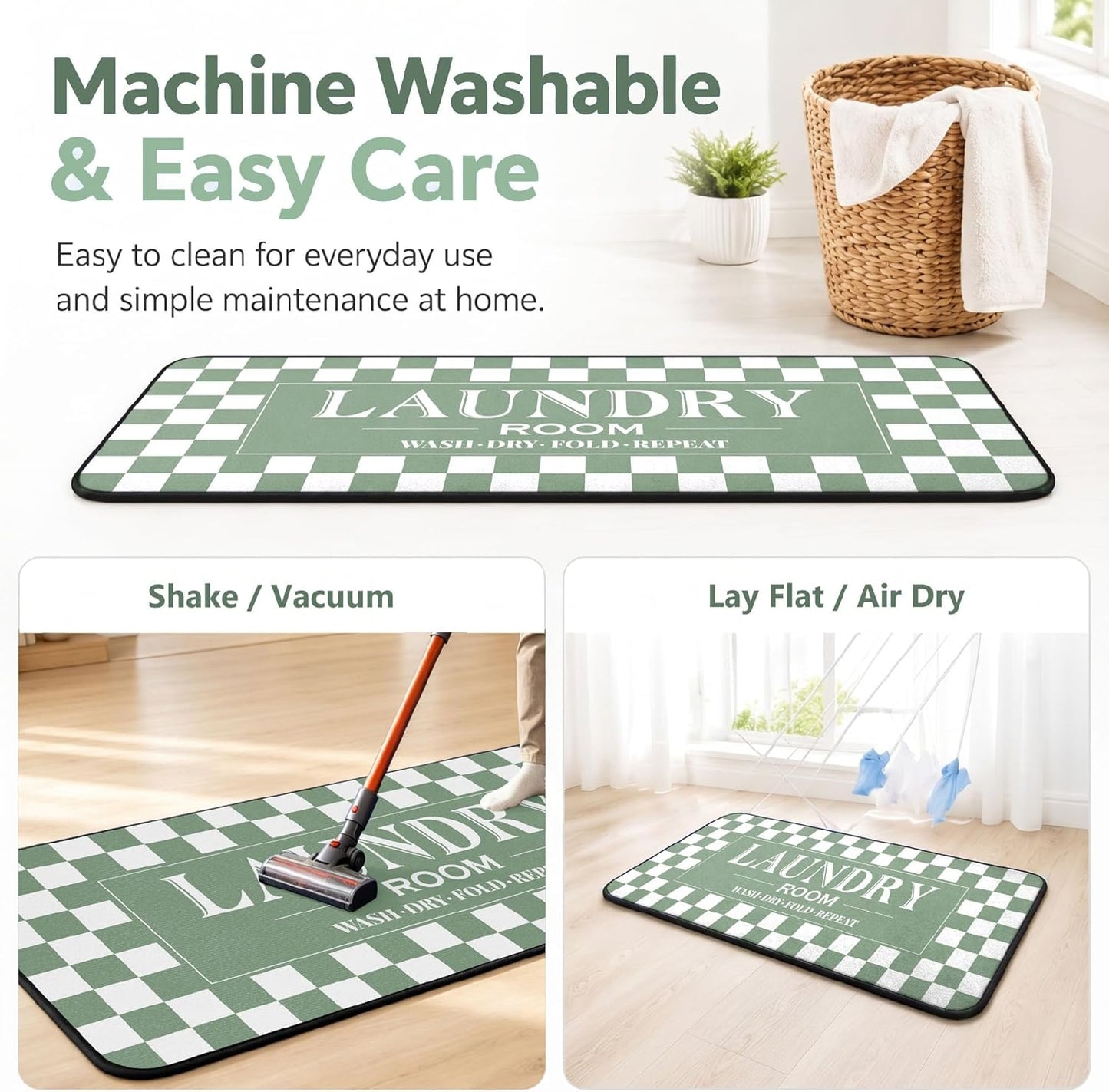 ROMAMIGO Laundry Room Rug Runner Non Slip Laundry Mats Mudroom Laundromat Runner Farmhouse Kitchen Floor Mat Bathroom Laundry Room Decor Accessories(20 X 47 inch, Green Checkerboard)