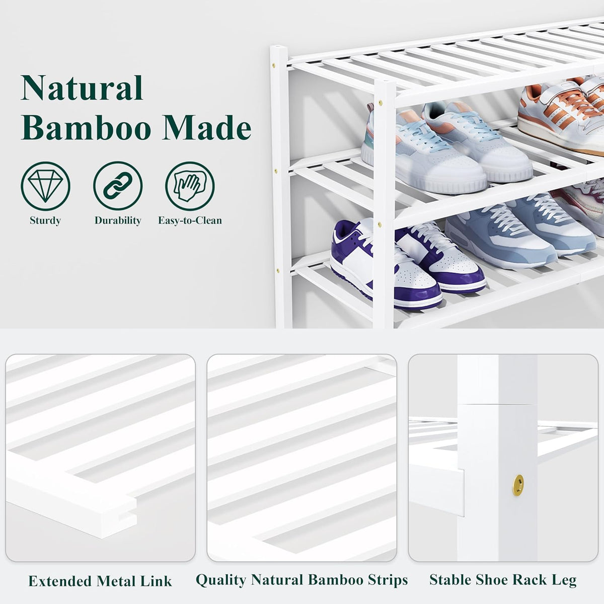 Smiry Bamboo Shoe Rack, 14 Vertical Slats, 2 Tier - 26.8" Wide, White