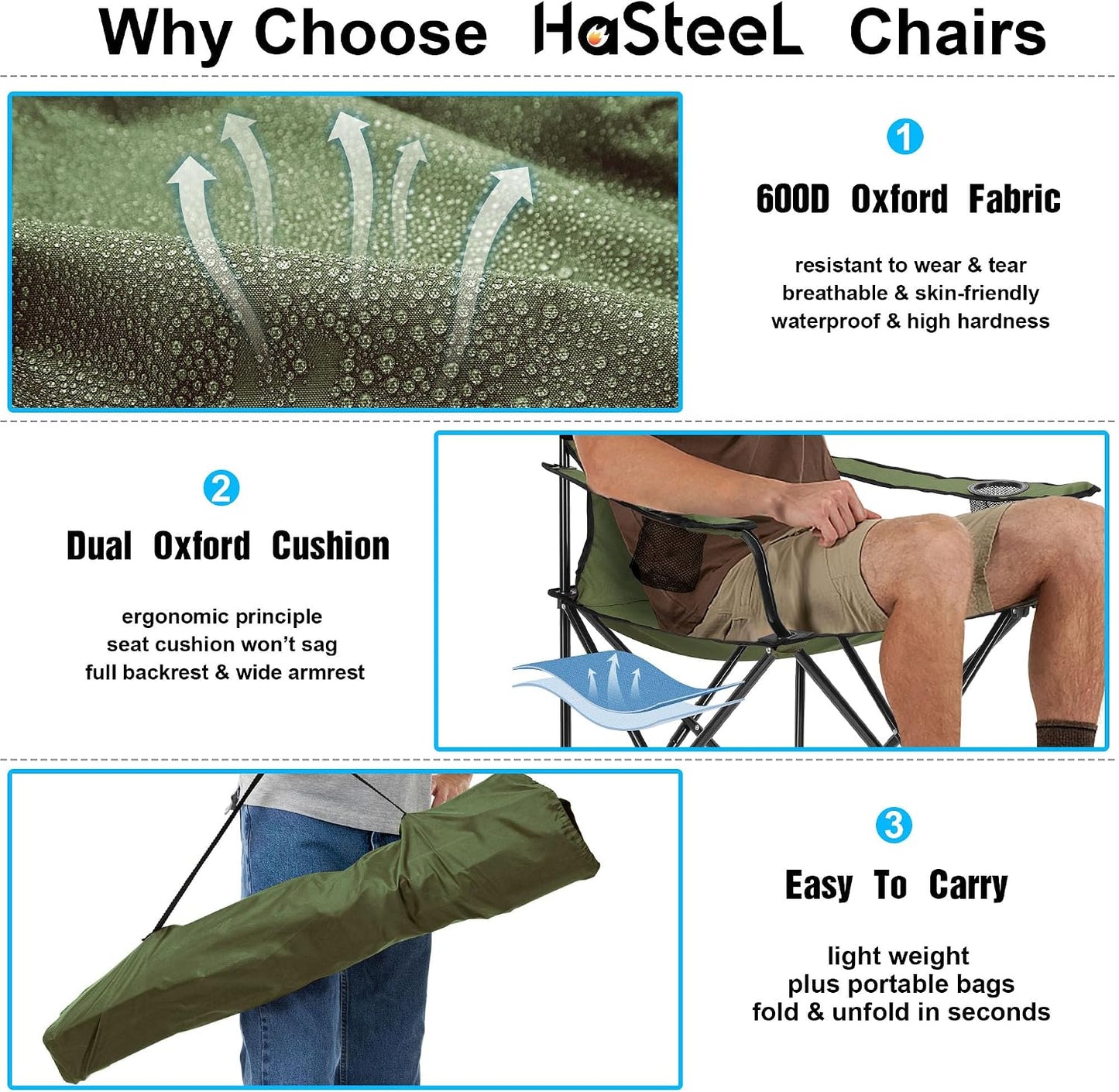 HaSteeL Camping Chair for Adults, Folding Beach Chair Set of 2, Large Foldable Portable Chair for Outdoors Fishing, Hiking, Sporting, Travel, Picnic, Lawn, Hold 275lbs & A Storage Bags (Green)