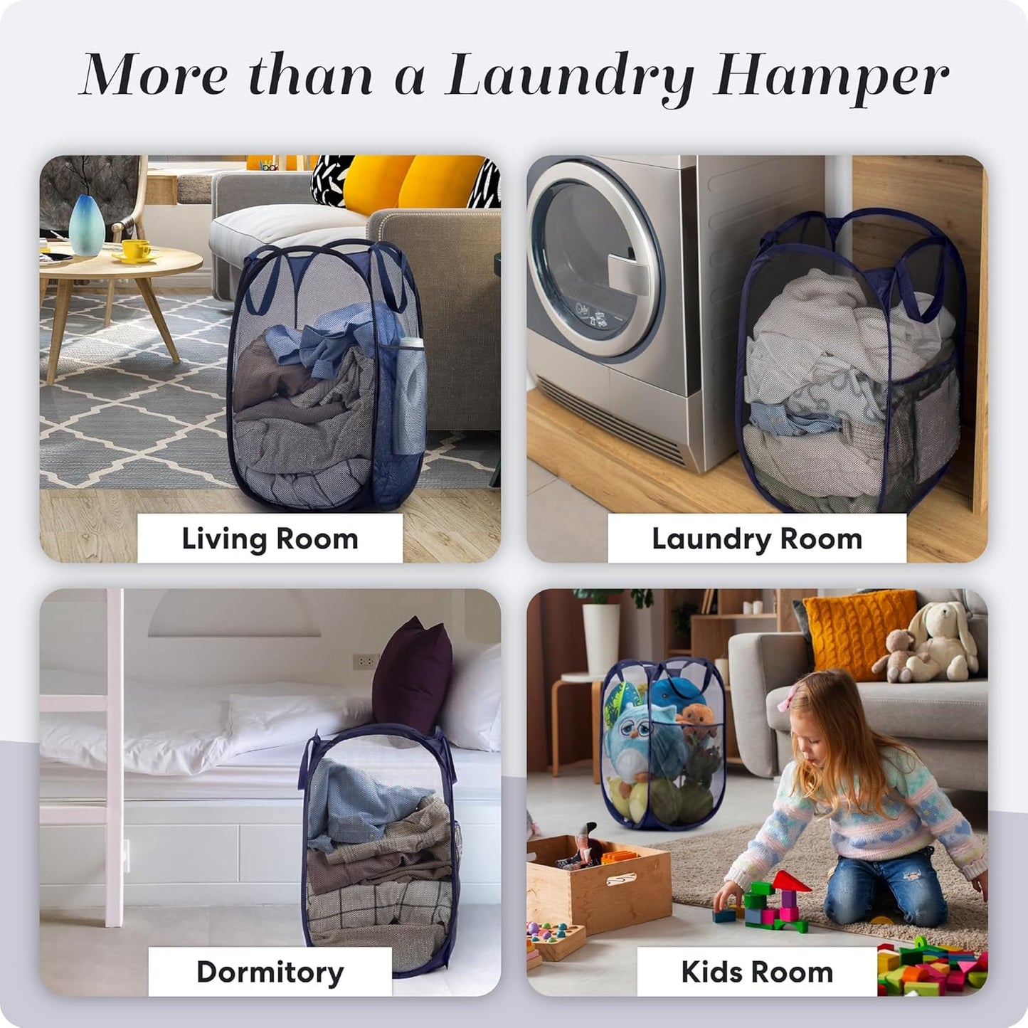 Handy Laundry Collapsible Mesh Pop Up Laundry Hamper 2-Pack – Large Foldable Laundry Basket with Side Pocket, Breathable & Durable, Space-Saving for Clothes, Toys, Travel, Dorm, Bedroom, Blue