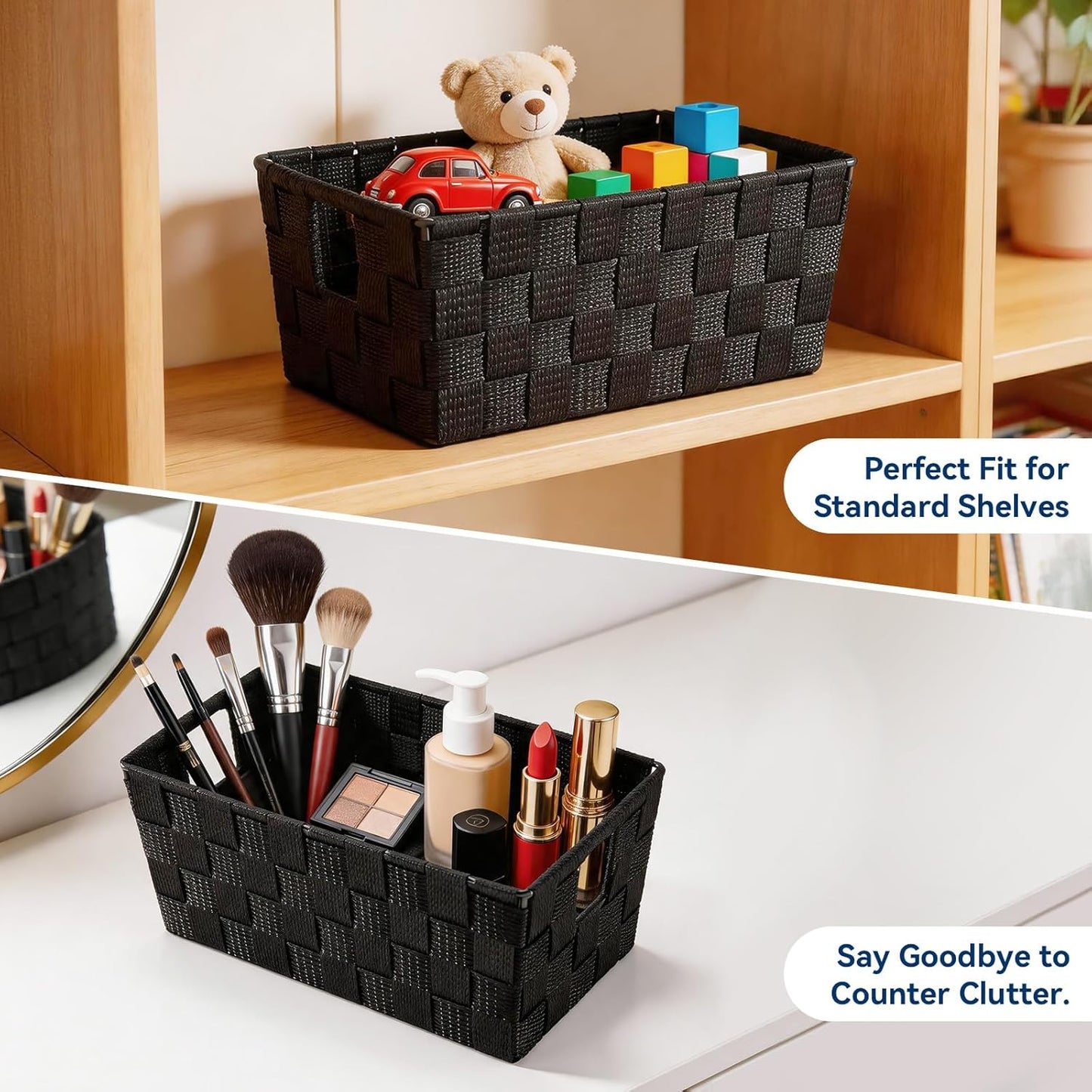 Small Woven Storage Baskets for Shelves - Decorative Bathroom Organizer Bins, Versatile Shelf Storage Solution for Home Organization & Closet (Black）