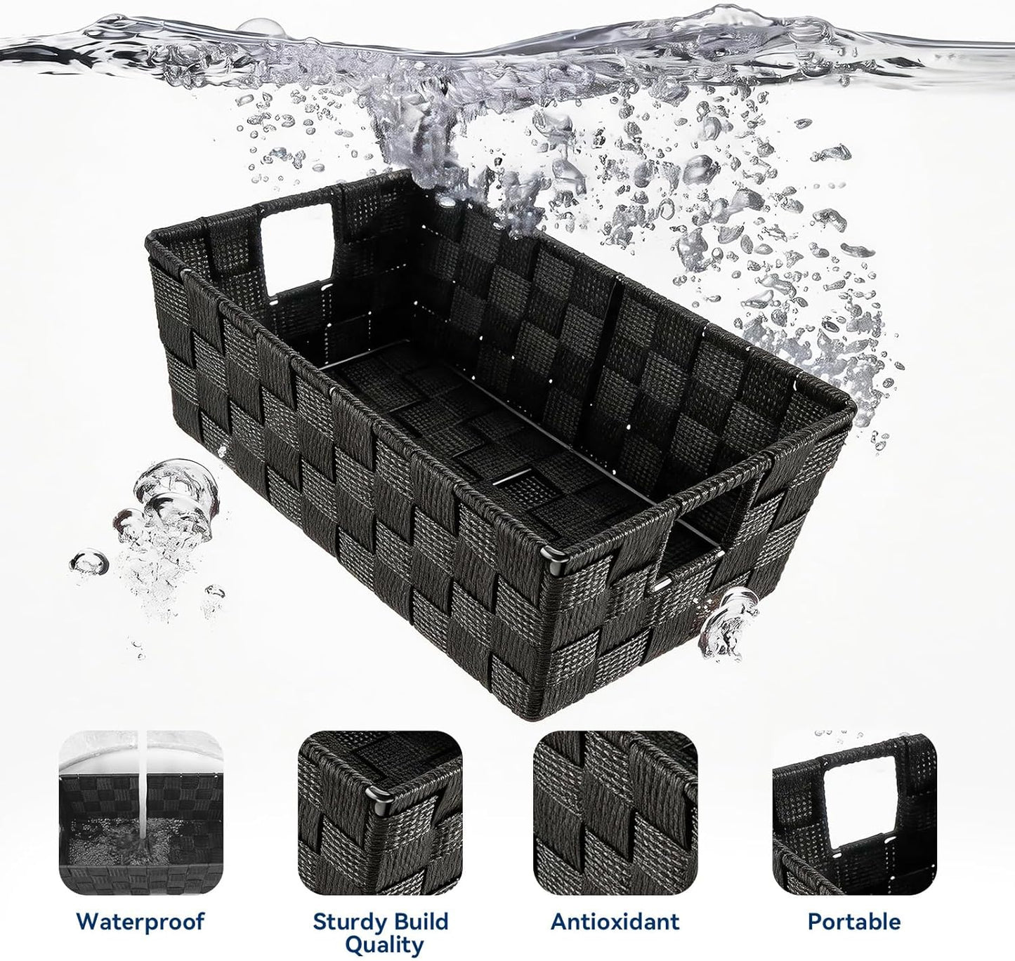 Small Woven Storage Baskets for Shelves - Decorative Bathroom Organizer Bins, Versatile Shelf Storage Solution for Home Organization & Closet (Black）