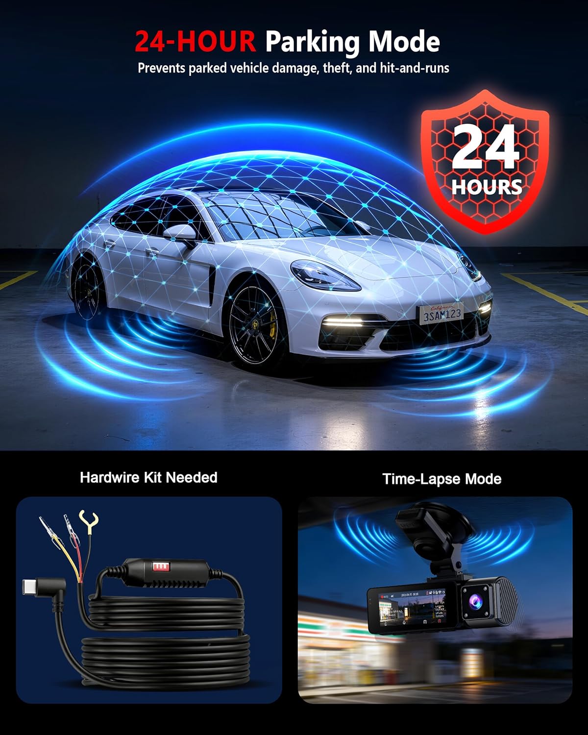 4K+2K+2K 3 Channel Dash Cam Front and Rear, 128GB Card Included, Dash Camera for Cars 5.8G/2.4G Dual Wifi, Built-in GPS, Night Vision, WDR, 170°Wide Angle, G-Sensor Emergency Lock, 24H Parking Monitor