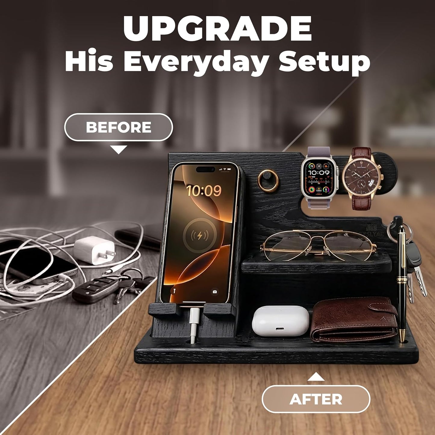 TESLYAR Wood Phone Docking Station for Men - Desk or Nightstand Organizer - Birthday Gifts for Husband, Dad - Anniversary Idea from Wife - Key Holder, Stand Wallet, Watch & Essentials (Granite Black)