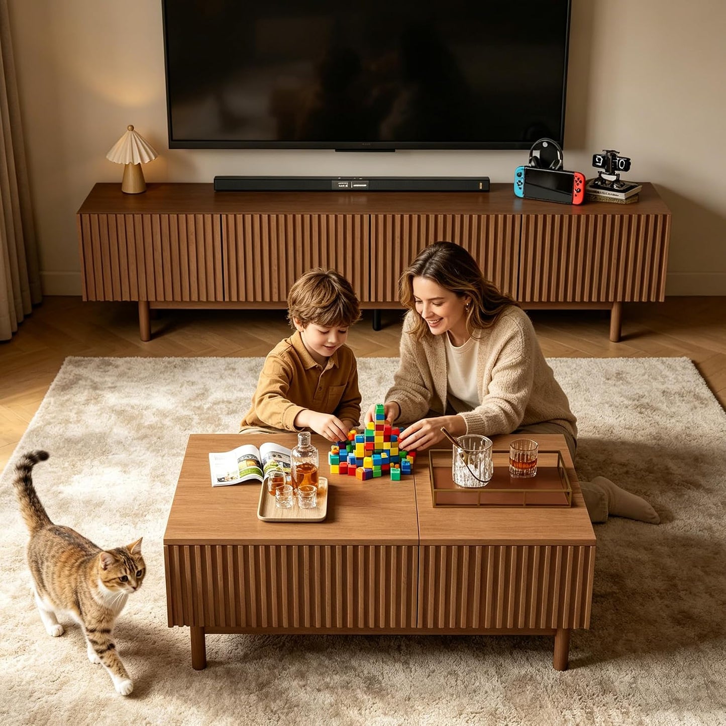 51" Mid-Century Modern Lift Top Coffee Table with Hidden Storage | Walnut Fluted Rectangular Center Table with Drawers & Sturdy Wooden Legs, for Living Room, Apartment, Office